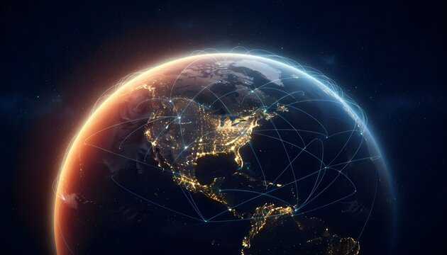 Digital connections overlaying the illuminated Earth at night, highlighting global networks and technology. - Powered by Adobe