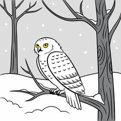 Snowy Owl Perched on a Branch in Winter Illustration.