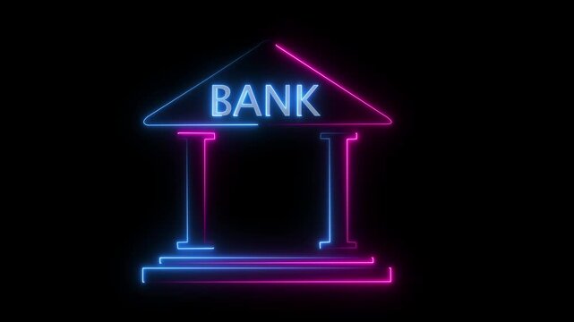Neon glowing bank building icon animation on black background Futuristic neon bank building,Neon line personal savings bank account money doodle animation concept with ,4k video black background,