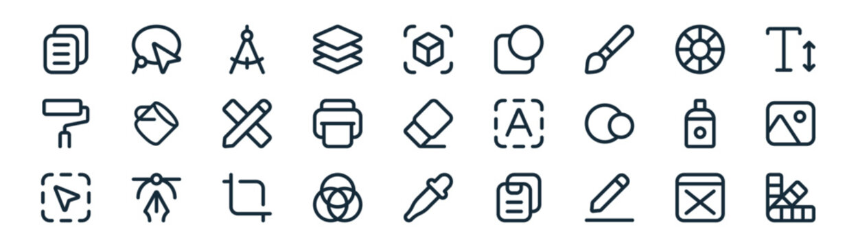 linear graphic design icon pack. vector thin line icons collection such as wireframe, lasso, compass, color wheel, printer, image, color picker, pallete