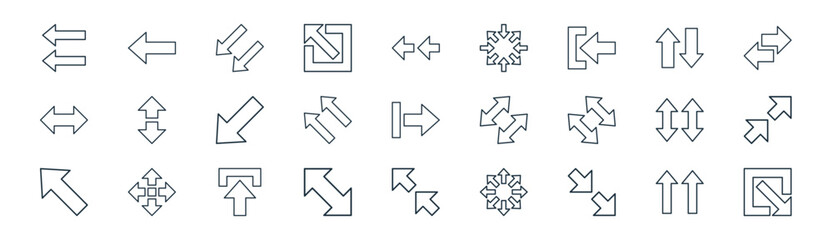 linear arrows icon pack. vector thin line icons collection such as up arrows, left arrow, down left arrow, up and down arrows, upper left arrow upper right, upper log out