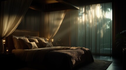 A beautifully designed bedroom bathed in soft morning light, exuding tranquility and elegance with its luxurious textures and inviting atmosphere for relaxation.