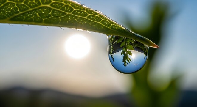Dewy water drops reflecting nature on a fresh green leaf