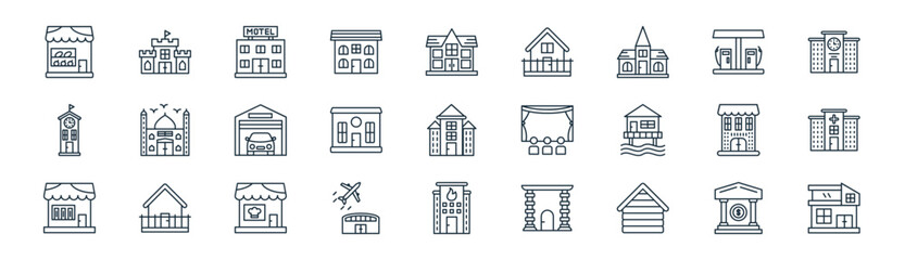 Fototapeta premium linear buildings icon pack. vector thin line icons collection such as bank, castle, motel, gas station, house, hospital, fire station, modern house