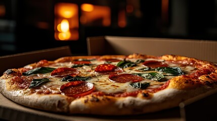 A mouthwatering pizza topped with pepperoni and fresh basil, freshly baked, represents the joy of sharing good food with friends and family in a warm, inviting setting.