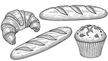 Artistic illustration of bread croissant and muffin in vintage style