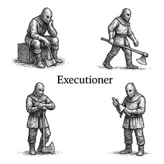 Medieval Executioner in Multiple Poses with Axe, Vintage Engraved Style, Transparent Background