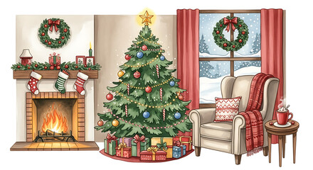 Christmas interior scene with decorated tree and glowing fireplace, cozy Christmas interior ready for holiday cheer, adorned with festive decorations creating inviting Christmas interior.