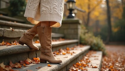 Obraz premium Woman wears cozy knit sweater, stylish tan boots. Walks down stone steps. Bright red orange autumn leaves cover ground. Beautiful fall day. Enjoys cool weather, comfortable fashion outfit, peaceful