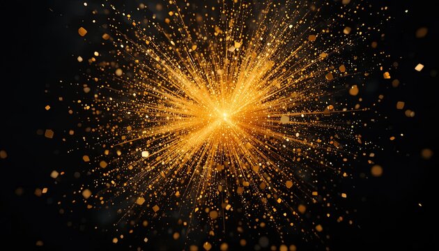 Dynamic burst of golden light and sparkling particles against a deep black backdrop to add a touch of magic and wonder to your design project - Powered by Adobe