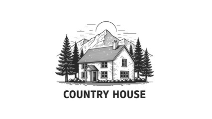 Fototapeta premium Black and white illustration of a country house with mountain view