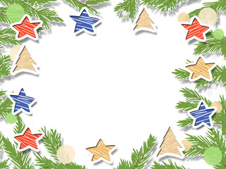 New Year's frame made of fir branches with stars and balls with a transparent background