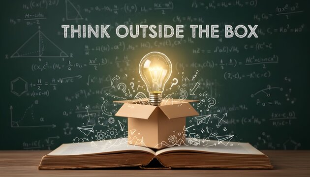 A glowing lightbulb emerges from an open cardboard box on a book, with "THINK OUTSIDE THE BOX" on a chalkboard.