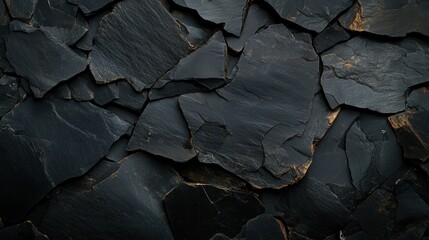 An intricate arrangement of black slate rocks creates a visually striking pattern. The natural textures and formations evoke a sense of strength and permanence in this earthy image.