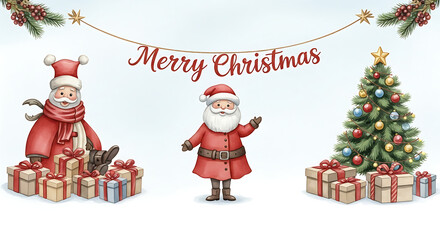 Merry Christmas scene with Santa Claus figures, gifts, and decorated tree creates festive mood. Merry Christmas illustration showcasing celebratory theme of the gifts and festive decorations.