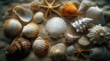 A picturesque collection of various ocean shells and a starfish arranged on fine sand, showcasing the diverse beauty of marine life and celebrating the wonders of the beach environment.