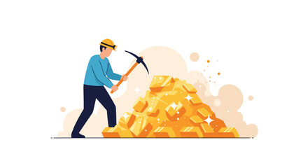 Miner in a hard hat using a pickaxe to mine a large pile of shiny gold bars and nuggets for wealth concept.