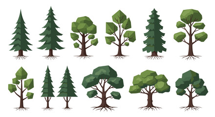 Set of various stylized forest trees including pine and deciduous types with visible roots on a clean white background.