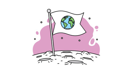 Cartoon flag with planet Earth planted on the cratered surface of the moon with a pink cosmic background illustration.