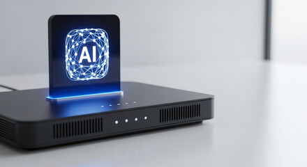 AI icon on a transparent screen connected to a black device. Artificial intelligence concept, machine learning, and advanced technology for smart automation.