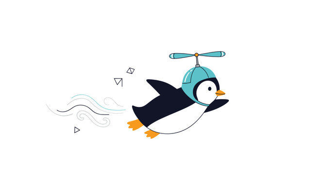 Cute cartoon penguin wearing a propeller hat and flying through the air like a helicopter on a white background.
