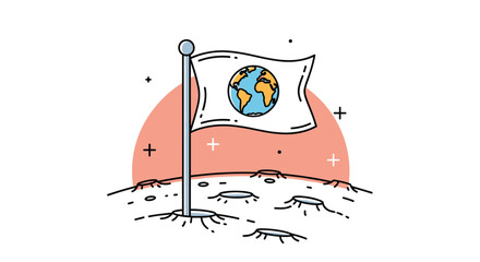 Cartoon flag with planet Earth planted on the cratered surface of the moon symbolizing space exploration and colonization.