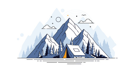 Beautiful line art landscape with a glowing tent pitched in a pine forest at the base of majestic snow-capped mountains.