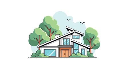 Vector illustration of a stylish modern family house with large windows nestled among green trees and bushes in nature.