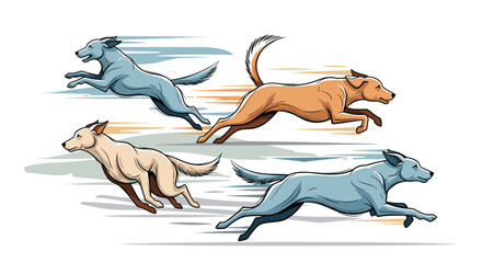 Dynamic vector illustration of four greyhound-like dogs running at full speed in a race on a minimal background design.