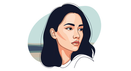 Beautiful vector portrait of a young woman with long dark hair and elegant features looking away on a minimal background.
