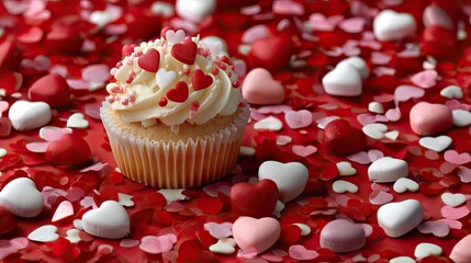 Valentines day cupcake with red hearts on a decorative background for romantic celebrations, perfect for festive treats and sweet moments