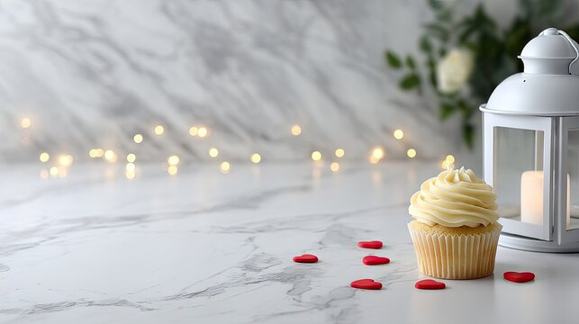 Delightful valentine's day cupcake adorned with red hearts on a soft background, perfect for celebrating love and sweetness
