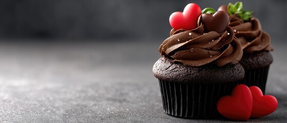 Delicious chocolate cupcake decorated with red hearts and cream frosting perfect for Valentine's Day celebrations and romantic occasions