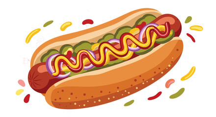 Delicious hot dog in a bun loaded with mustard ketchup relish and onions for a classic American fast food meal vector.