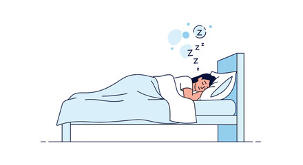Young man sleeping peacefully in his bed under a blue blanket with Z-z-z symbols floating above his head at night.