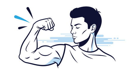 Strong man flexing his powerful bicep muscle in a blue and white line art style showing fitness and physical strength.