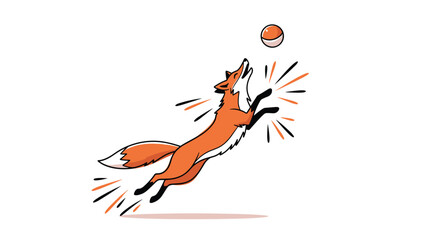 Playful cartoon red fox jumping high in the air to catch a small ball with dynamic motion lines on a white background.