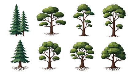 Collection of various stylized green trees including pine and deciduous types with visible roots for landscape design sets.