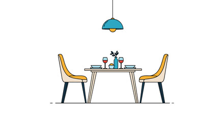 Minimalist illustration of a dining room interior with a table set for a romantic dinner for two with wine glasses.