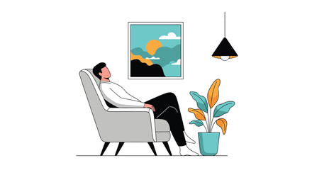 Man relaxing comfortably in a modern armchair at home next to a potted plant and a painting in a minimalist interior.