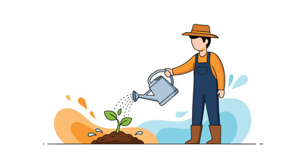 Farmer in overalls and a hat using a watering can to nurture a small green sprout growing from the soil for agriculture.