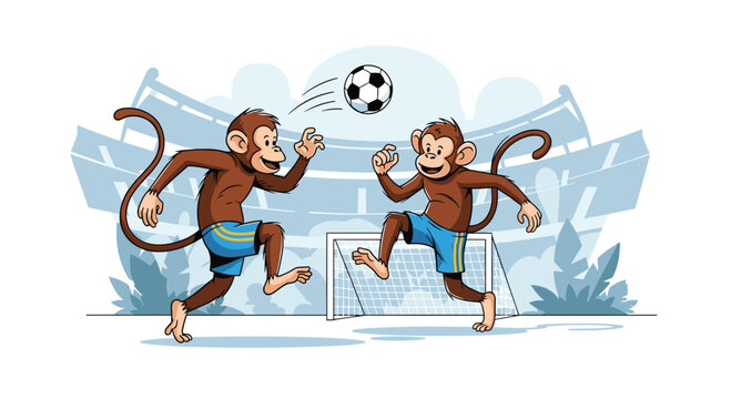 Two funny cartoon monkeys in shorts playing a game of soccer together in front of a goalpost on a stadium background.