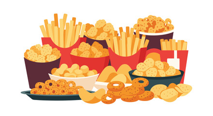 Large assortment of unhealthy fast food items including french fries chicken nuggets and onion rings on white background.