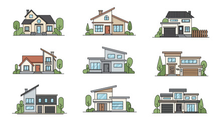 Collection of nine different modern suburban houses and residential buildings in a simple line art and color style.