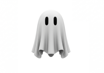 A classic white ghost costume with two dark eye holes rendered in 3d and isolated on transparent background