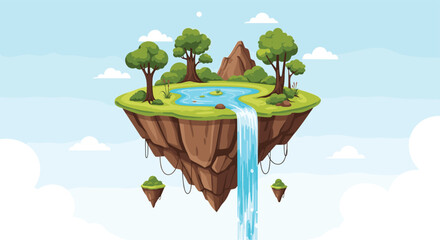 Fantasy cartoon landscape of a beautiful green floating island with a waterfall pond and trees in a blue sky with clouds.