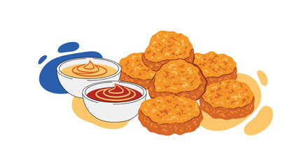 Pile of crispy golden chicken nuggets served with small bowls of ketchup and mustard dipping sauces on a white background.