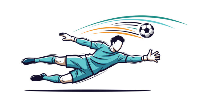 Dynamic illustration of a soccer goalkeeper in mid-air diving to save the ball from scoring a goal during a match. - Powered by Adobe