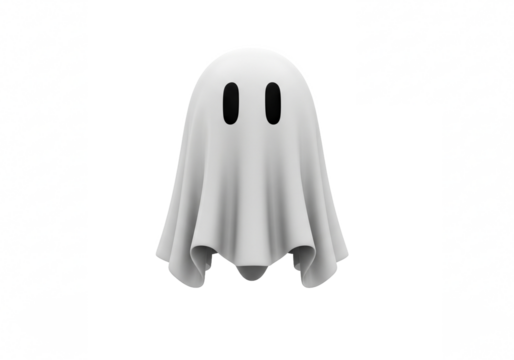 A classic white ghost costume with two dark eye holes rendered in 3d and isolated on transparent background