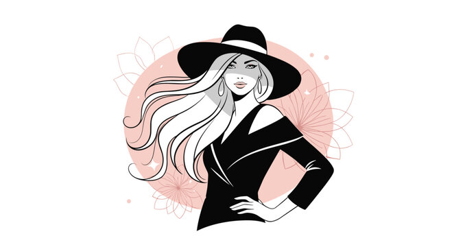 Elegant line art portrait of a beautiful stylish woman with long blonde hair wearing a black dress and a wide-brimmed hat.